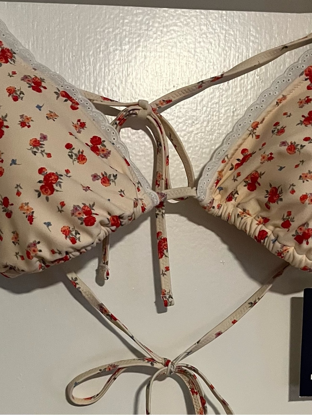 Cream Floral Tie-Back Triangle Top with Red Floral Print